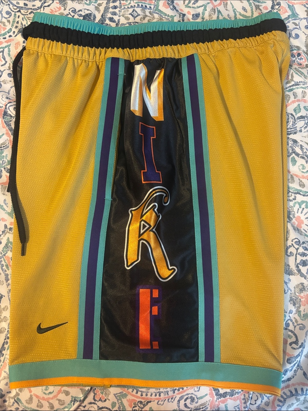 Nike Men’s Yellow Basketball Shorts with Teal and Purple Trim